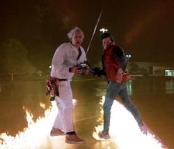 "Doc" Brown (Christopher Lloyd) and Marty McFly (Michael J. Fox) watching the first test of the time machine.