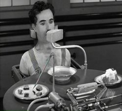 "Modern Times" (1936) depicts the dismal situation of workers and the poor in industrial society. The Eating Machine Scene depicts the human sufferings to the industrialisation.