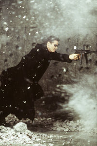 Neo escapes charging bullets.