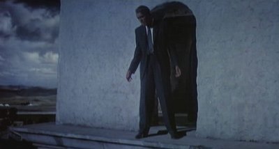 Actor Jimmy Stewart stands on the ledge of the Mission San Juan Bautista at the film's conclusion.